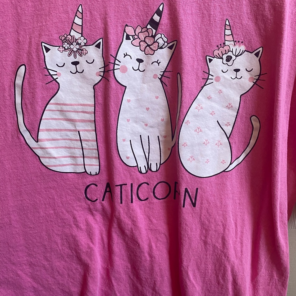 Pink Short Sleeve Tee with Whimsical Cats and Unicorn Horns